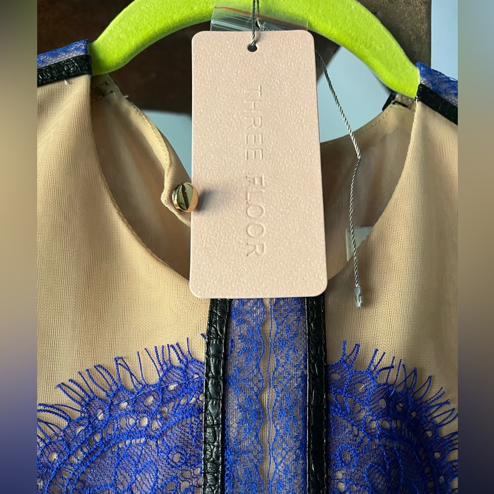 Three Floor electric blue/periwinkle Dress w/Lace, black leather, & sheer detail - Picture 6 of 16